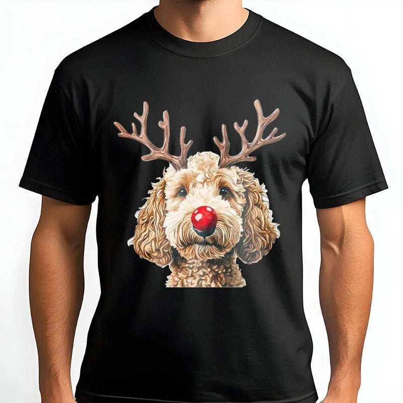 Reindeer Antlers Dog Shirt, Goldendoodle Christmas T-Shirt, Humorous Red Nose Graphic Tee, Adorable Puppy Holiday T-Shirt, Pet Lover Xmas Present