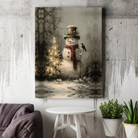Lighted Christmas Tree Scene Print, Vintage Snowman Canvas Wall Art, Rustic Winter Wall Decor, Holiday Canvas Art Present