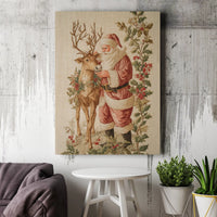 Christmas Holly Wreath Canvas Print, Vintage Santa with Reindeer Canvas Wall Art, Retro Holiday Wall Decor, Winter Xmas Wall Hanging