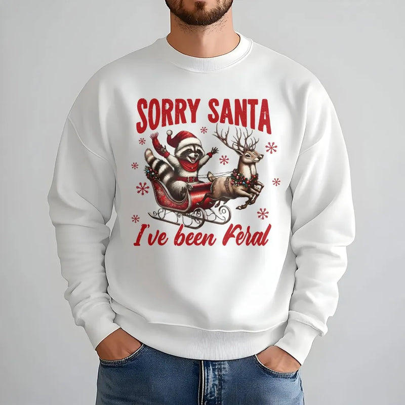 Humorous Trash Panda Ugly Sweater, Sorry Santa I've Been Feral Raccoon Sweatshirt, Adorable Holiday Raccoon Crewneck, Christmas Humor Present