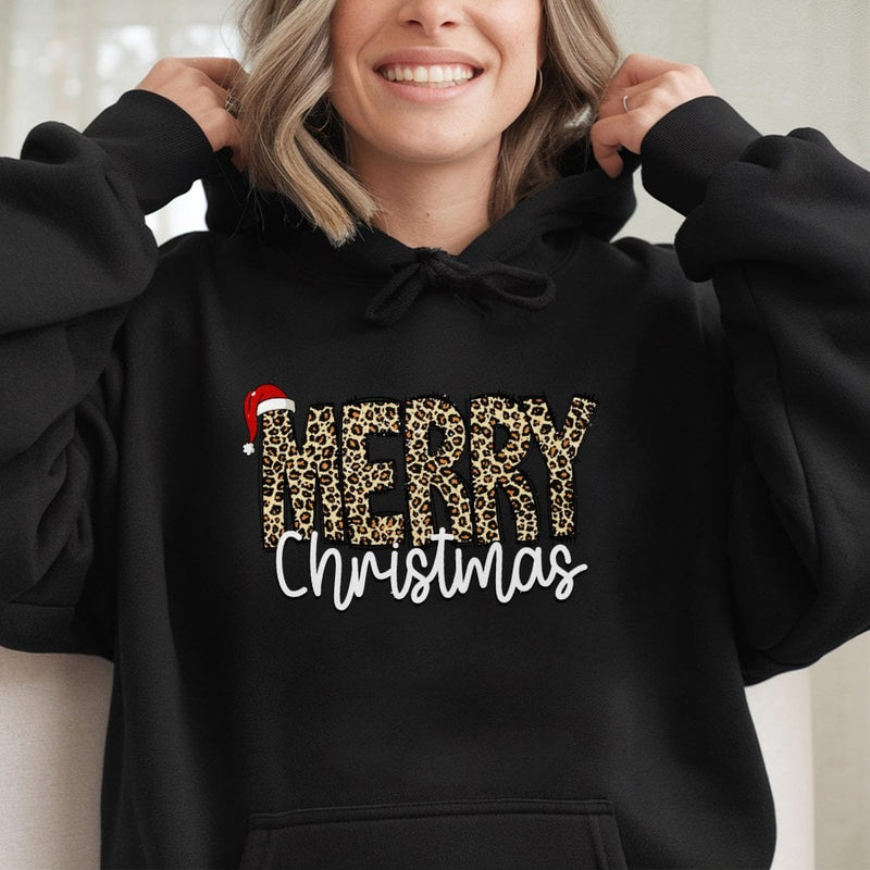 Leopard Print Christmas Sweatshirt, Merry Christmas Hoodie, Retro Merry Xmas Graphic Hoodie, Festive Holiday Pullover, Winter Present for Her