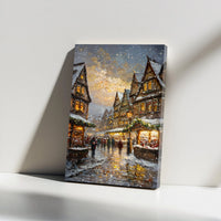 Vintage Holiday Winter Village Print, Snowy European Christmas Market Canvas Wall Art, Festive Town Canvas Decor Digital Download Printable