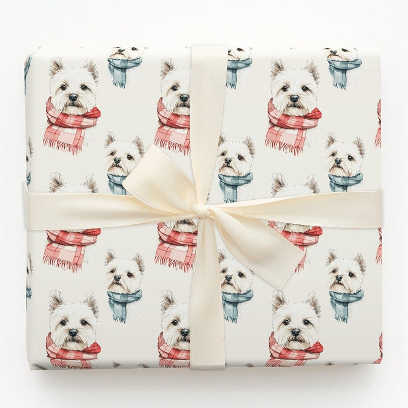 West Highland Terrier Gift Wrap, Westie Dog Wrapping Paper, Watercolor Dog Wrapping Paper, Winter Scarf Puppy Gift Wrap, Christmas Dog Paper