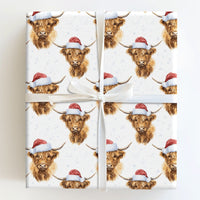 Santa Hat Cow Gift Wrap, Christmas Highland Cow Wrapping Paper, Watercolor Snowflake Wrapping Paper, Rustic Farmhouse Holiday Gift Wrap Roll