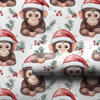 Adorable Animal Christmas Gift Wrap, Santa Hat Monkey Wrapping Paper, Watercolor Chimpanzee Wrapping Paper Roll, Kids Holiday Gift Wrap