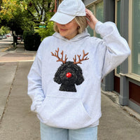 Reindeer Antlers Doodle Sweatshirt, Goldendoodle Christmas Hoodie, Humorous Dog Mom Holiday Hoodie, Winter Dog Lover Present Pullover