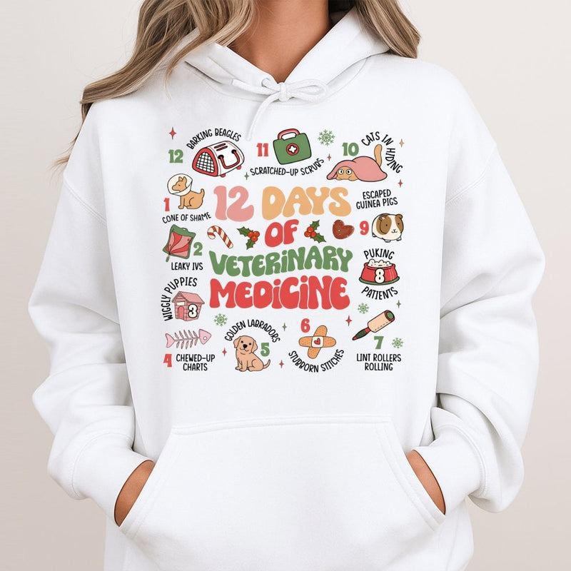 Humorous Vet Tech Christmas Sweatshirt, 12 Days of Veterinary Medicine Hoodie, Vet Clinic Holiday Pullover, Veterinarian Hooded Sweater Present