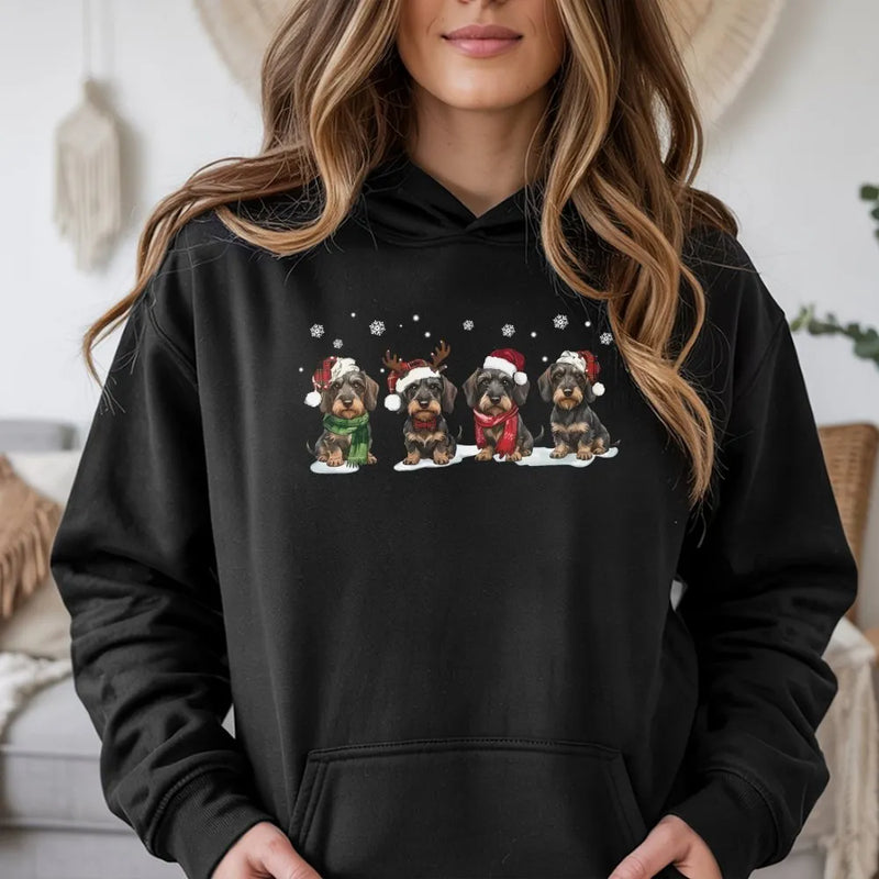 Wiener Dog Santa Hat Hoodie, Christmas Dachshund Hoodie, Retro Holiday Dog Hooded Sweatshirt, Adorable Xmas Animal Pullover Present