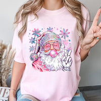 Retro Peace Sign Santa T-Shirt, Disco Santa Christmas Shirt, Bubble Gum Graphic Tee, Trendy Y2K Holiday Top, Xmas Present for Women and Teens