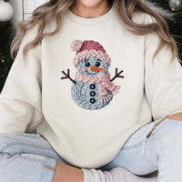 Yarn Knit Texture Graphic Holiday Sweater, Adorable Snowman Sweatshirt, Comfy Christmas Crewneck, Winter Season Aesthetic Pullover
