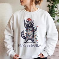 Humorous Woodland Animal Holiday Sweater, Feral and Festive Raccoon Christmas Sweatshirt, Retro Trash Panda Xmas Pullover Present