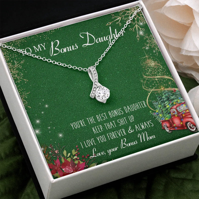 Dainty Cubic Zirconia Ribbon Necklace, Bonus Daughter Necklace, Bonus Daughter Pendant, Christmas Present from Bonus Mom, Stepdaughter Necklace