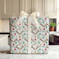 Rustic Holiday Ornament Gift Wrap, Deer Antler Christmas Wrapping Paper, Farmhouse Woodland Wrapping Paper, Festive Winter Gift Wrap Roll