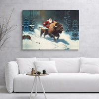 Whimsical Snowy Forest Christmas Canvas Print, Santa Riding Bison Canvas Wall Art, Holiday Buffalo Canvas Decor, Winter Holiday Canvas Art