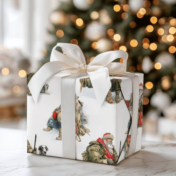Rugged Hunter Christmas Gift Wrap, Hunting Santa Claus with Dog Wrapping Paper, Winter Hunting Wrapping Paper Roll, Sportsman