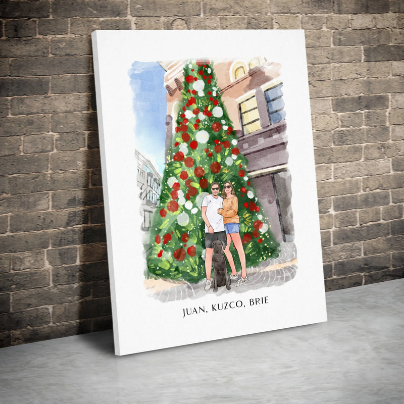 Watercolor Holiday Dog Poster, Custom Couple and Pet Portrait Canvas Print, Personalized Christmas Canvas, Romantic Present for Couple