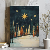 Winter Forest with Gold Star Canvas Print, Christmas Starry Night Canvas Art, Holiday Landscape Wall Decor, Comfy Seasonal Canvas Art
