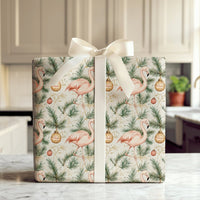 Coastal Holiday Gift Wrap, Pink Flamingo Christmas Wrapping Paper, Tropical Flamingo Wrapping Paper, Pine Branch Christmas Gift Wrap Roll
