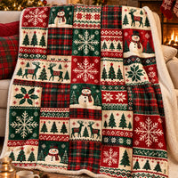 Buffalo Plaid Sherpa Throw Blanket, Snowman Patchwork Christmas Blanket, Reindeer Pine Tree Holiday Blanket, Comfy Cabin Christmas Decor Present