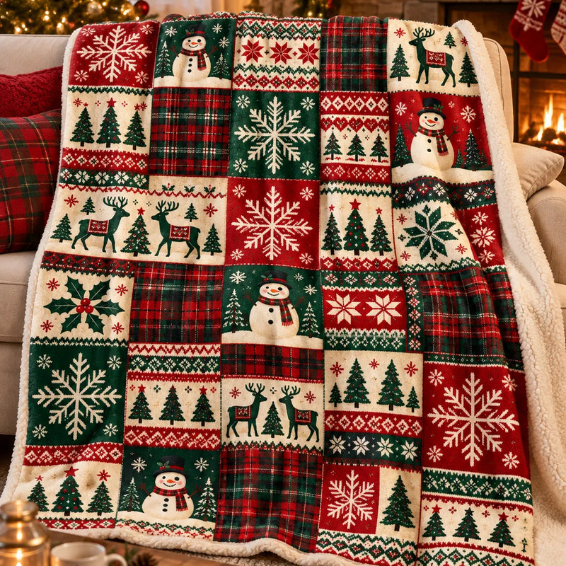 Buffalo Plaid Sherpa Throw Blanket, Snowman Patchwork Christmas Blanket, Reindeer Pine Tree Holiday Blanket, Comfy Cabin Christmas Decor Present