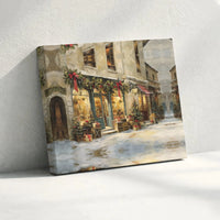 Snowy Storefront Holiday Wall Art, European Christmas Village Canvas, Vintage Winter Town Canvas Print, Comfy Xmas Street Scene Canvas Art