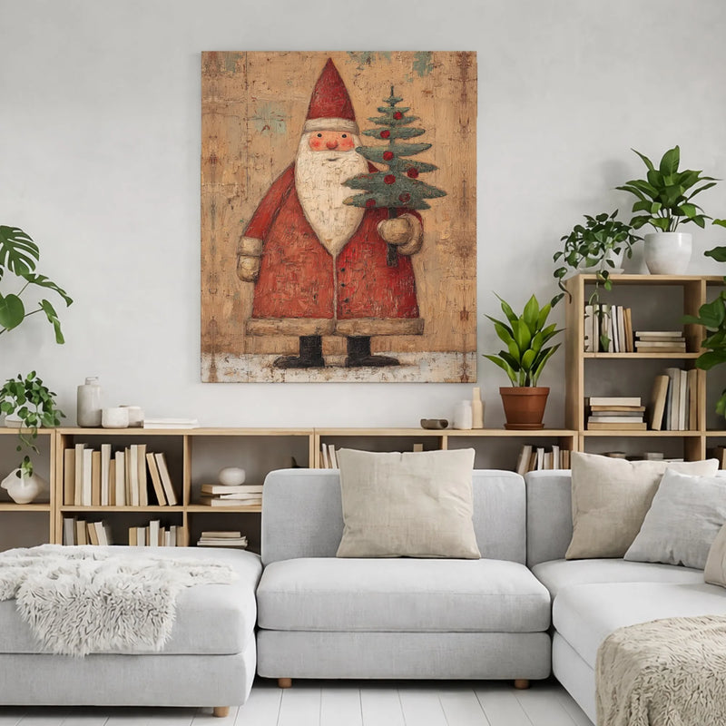 Rustic Santa Canvas Print, Vintage Santa Claus Canvas Art, Christmas Tree Canvas Wall Art, Traditional Holiday Wall Decor, Winter Xmas Present
