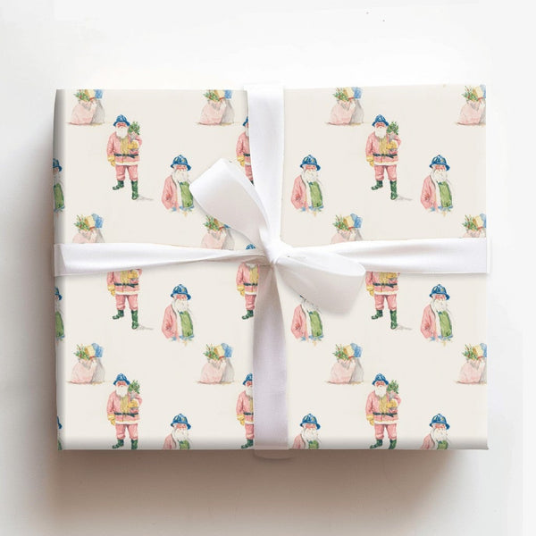 Blue Helmet Santa Gift Wrap, Watercolor Santa Claus Wrapping Paper, Whimsical Christmas Wrapping Paper, Fun Holiday Present W