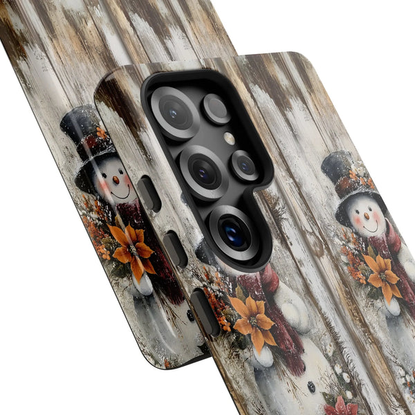 Rustic Wood Christmas Samsung Galaxy Tough Case, Vintage Folk Art Snowman Phone Case, Holiday Snowmen Tough Phone Cover Prese