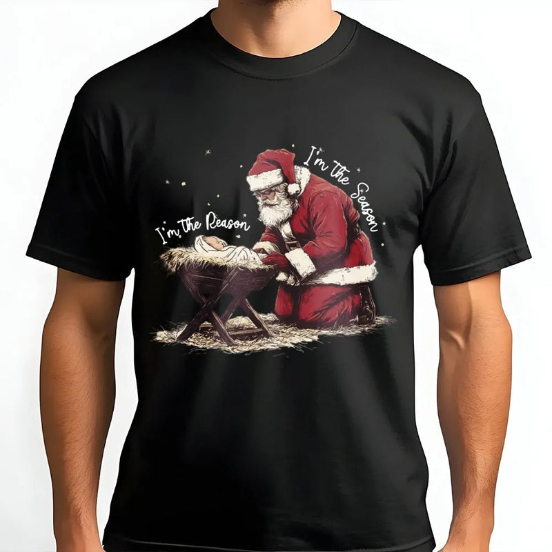 Reason for the Season Christmas Shirt, Santa Kneeling Before Baby Jesus T-Shirt, Christian Holiday Faith Tee, Believer Xmas Present