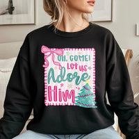 Pink Coquette Christmas Crewneck, Oh Come Let Us Adore Him Sweatshirt, Nativity Christian Holiday Sweater, Girly Xmas Bow Pullover