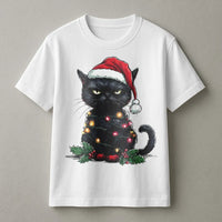 Grumpy Kitten Holiday Lights Graphic Tee, Black Cat Christmas Shirt, Humorous Cat Lover T-Shirt, Spooky Adorable Xmas Cat Shirt, Holiday Tee Present