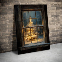 Winter Night Landscape Poster, Snowy Christmas Tree Window Canvas Art, Comfy Holiday Wall Decor, Digital Download Print