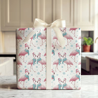Tropical Santa Hat Holiday Gift Wrap, Christmas Flamingo Wrapping Paper, Adorable Winter Animal Present Paper, Coastal Xmas Wrap Roll