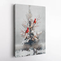Snowy Winter Pine Branch Canvas Print, Red Cardinal Canvas Wall Art, Christmas Holiday Bird Decor, Rustic Nature Canvas Art Present
