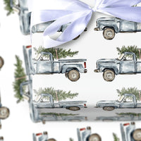 Farmhouse Tree Holiday Wrapping Paper, Vintage Blue Truck Christmas Wrapping Paper, Watercolor Rustic Xmas Gift Wrap, Winter Gift Wrap Roll