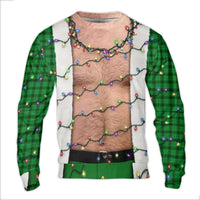 Humorous Hairy Chest Holiday Sweater, Hairy Chest Christmas Lights Ugly Sweater, Green Plaid Xmas Crewneck Sweater, Humorous Holiday Present