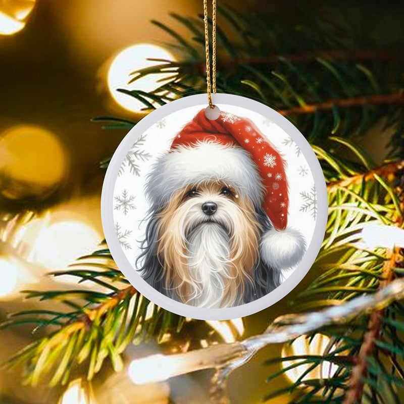 Santa Hat Snowflake Dog Ornament, Havanese Dog Christmas Ornament, Winter Havanese Ceramic Ornament, Tree Hanging Decor, Dog Lover Present