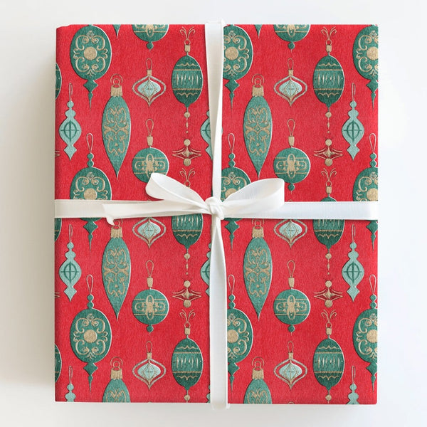 Red and Green Holiday Gift Wrap, Vintage Ornament Christmas Wrapping Paper, Retro Bauble Wrapping Paper, Elegant Festive Gift