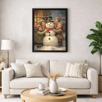Vintage Christmas Canvas Print, Victorian Children Snowman Canvas Wall Art, Nostalgic Holiday Scene Art Digital Download Printable