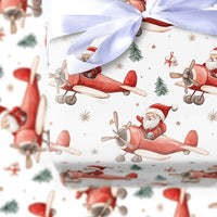 Watercolor Aviation Christmas Gift Wrap, Santa Flying Airplane Wrapping Paper, Vintage Red Plane Wrapping Paper, Pilot Holiday Gift Wrap
