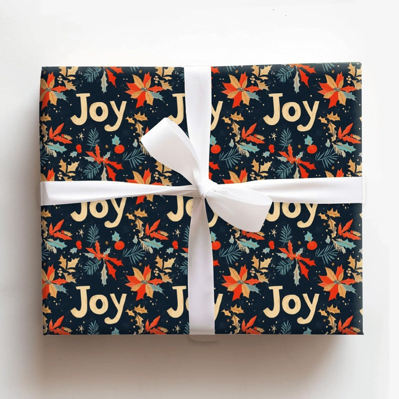Navy Holly Botanical Holiday Wrapping Paper, Joy Poinsettia Christmas Wrapping Paper, Floral Winter Gift Wrap, Elegant Xmas Paper Roll