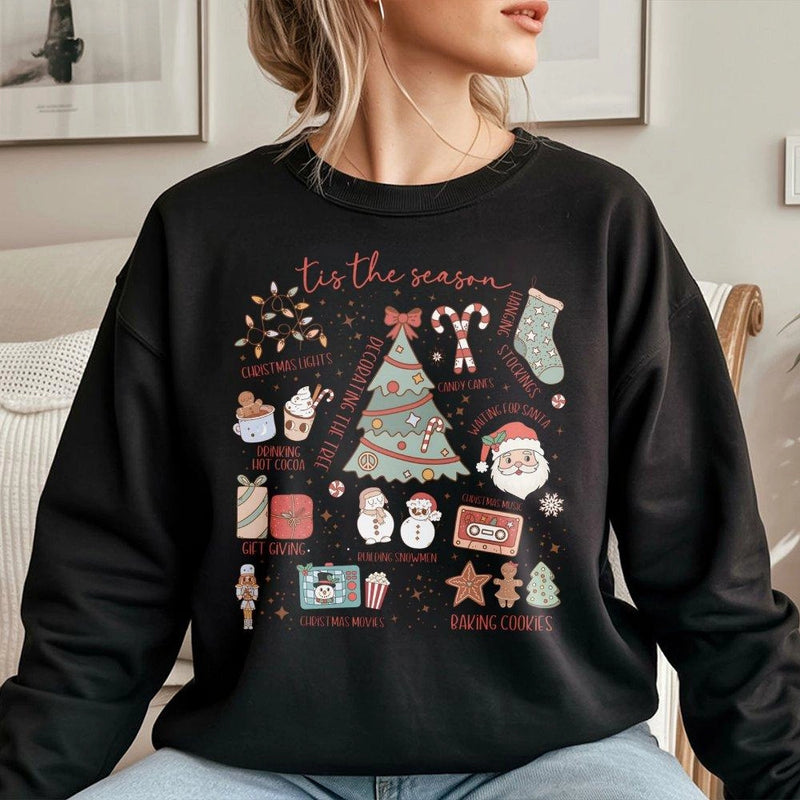 Holiday Icons Xmas Graphic Sweater, Tis the Season Christmas Sweatshirt, Comfy Winter Crewneck Pullover, Festive Holiday Season Sweatshirt