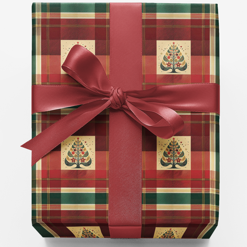 Vintage Tartan Gift Wrap, Christmas Tree Wrapping Paper, Holiday Plaid Tree Wrapping Paper, Winter Forest Gift Wrap