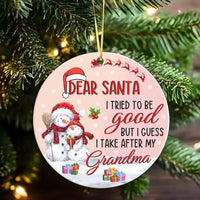 Humorous Snowman Quote Ornament, Dear Santa Christmas Ornament, Ceramic Grandma Holiday Tree Ornament, Adorable Winter Keepsake Present for Grandma