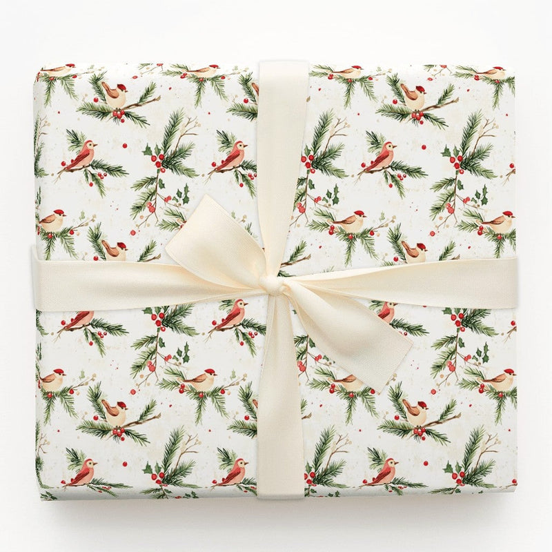 Watercolor Santa Hat Bird Holiday Gift Wrap, Winter Birds Christmas Wrapping Paper, Pine and Holly Wrapping Paper, Festive Holiday Gift Wrap