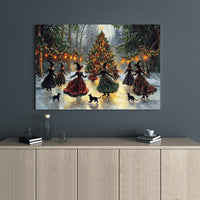 Witch Christmas Canvas Wall Art, Ice Skating Witches Canvas Print, Black Cat Holiday Canvas Art, Whimsical Winter Witch Canvas Home Decor