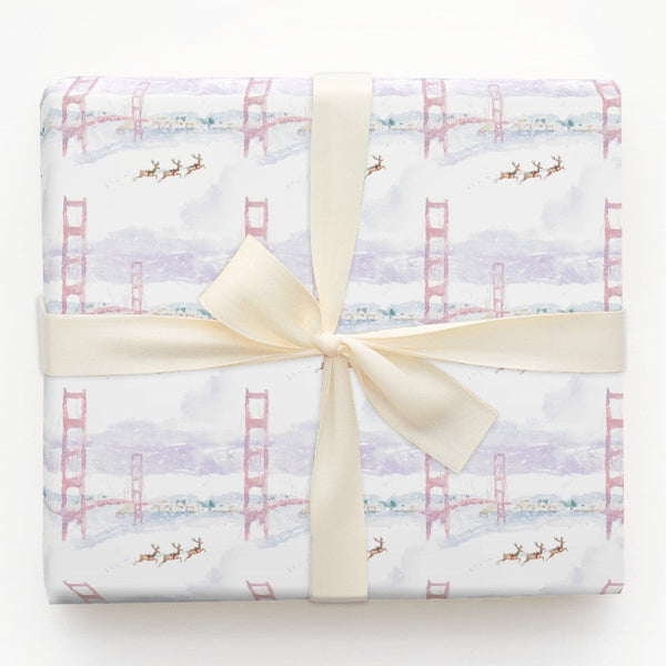 Golden Gate Bridge Gift Wrap, San Francisco Christmas Wrapping Paper, Watercolor Reindeer Wrapping Paper, California Holiday 