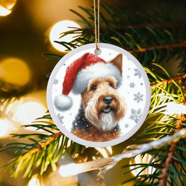 Santa Hat Terrier Ceramic Ornament, Airedale Terrier Christmas Ornament, Dog Breed Holiday Keepsake Ornament, Pet Lover Tree 