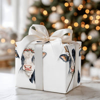 Watercolor Reindeer Antlers Gift Wrap, Christmas Cow Wrapping Paper, Farmhouse Holiday Wrapping Paper, Rustic Xmas Gift Wrap Roll