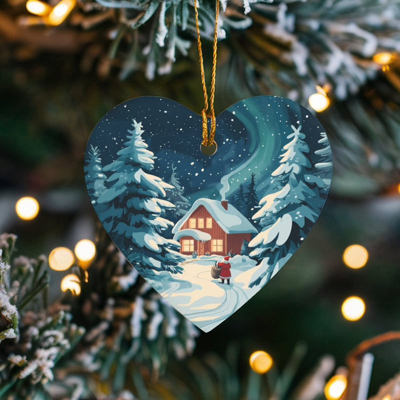 Northern Lights Winter Scene Ceramic Keepsake, Santa Snowy Cabin Heart Ornament, Holiday Christmas Tree Ornament, Winter Present
